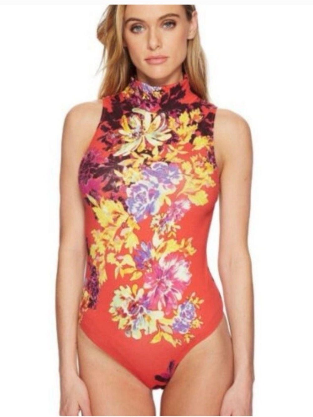 FREE PEOPLE Womens Bodysuit Pixie Floral Slim Coral Red
